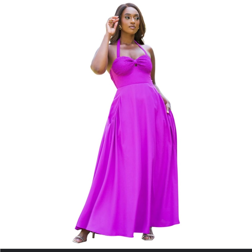 Jillian Smocked Halter Maxi A Line Dress